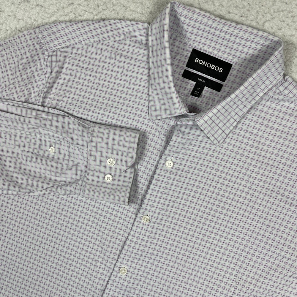Bonobos Button Down Shirt Mens XL White Purple Blue Slim Fit Grid Performance